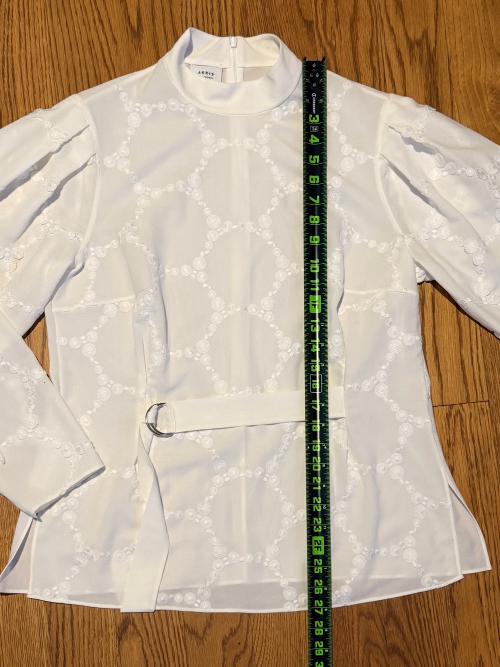 Akris Punto White Embroidered Belted Blouse Mock Neck Long Sleeve - Picture 9 of 16